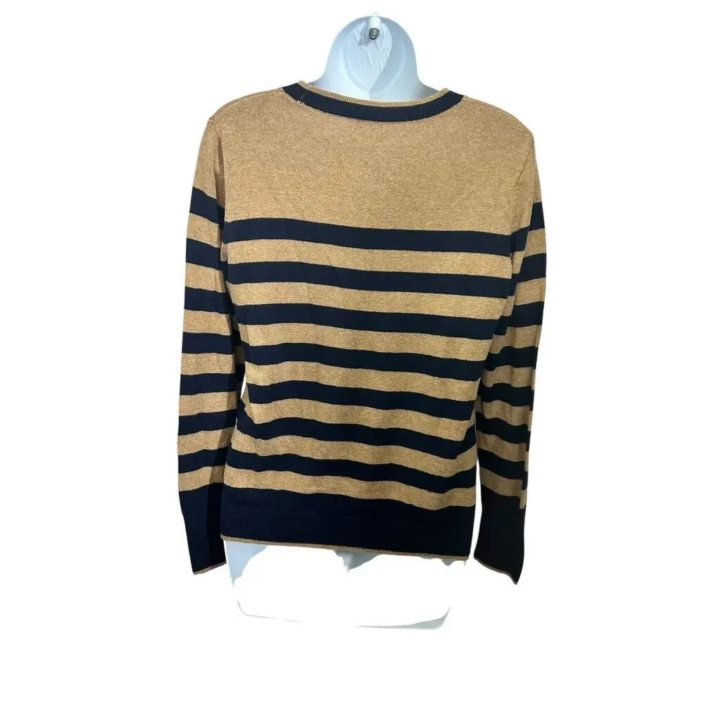 A New Day Crewneck Sweater Sz M Brown Navy Striped Pullover Top Cotton Blend